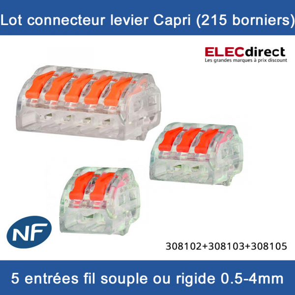 Capri - Lot connecteurs à levier 2, 3 et 5 entrées - fil rigide ou souple  0,5-4 mm (215 borniers) - Réf : 308102+308103+308105 - ELECdirect Vente  Matériel Électrique