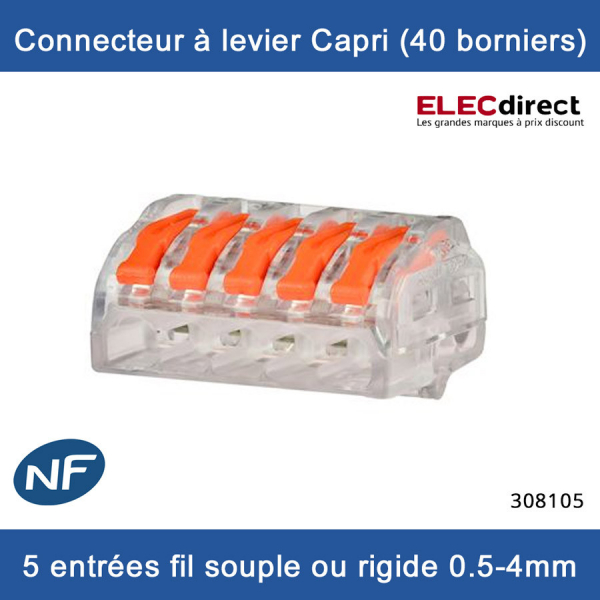 Capri - Connecteurs à levier 2 entrées pour fil rigide ou souple 0,5 à 4 mm  (boite de 100 borniers) - Réf : 308102 - ELECdirect Vente Matériel  Électrique