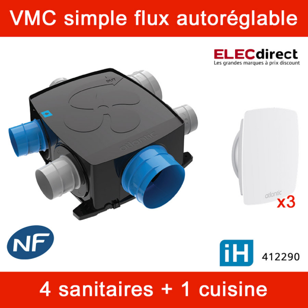 Kit Autocosy iH VMC auto intelligente 6 sanitaires (5 bouches line) Atlantic  Clim & Ventil