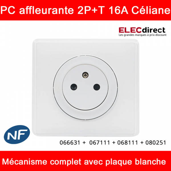 Prise de courant 16A 2P+T blanche affleurante Legrand Céliane™ complète