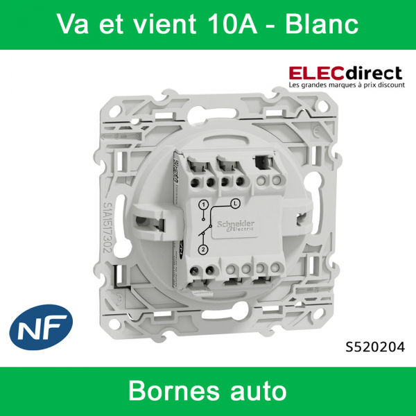 Schneider - Va et vient Odace - Blanc - 10A - 250V - Bornes auto - Réf : S520204