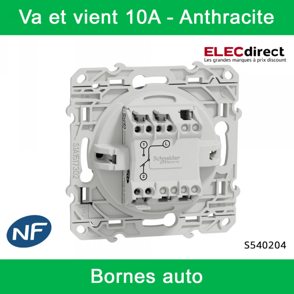 Schneider - Va et vient Odace - Anthracite - 10A - 250V - Bornes auto - Réf : S540204