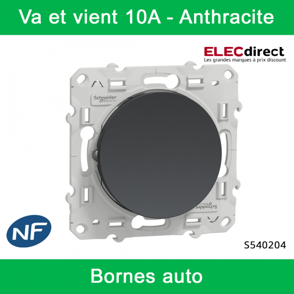 Schneider - Va et vient Odace - Anthracite - 10A - 250V - Bornes auto - Réf : S540204