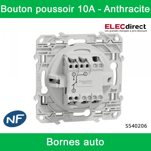 Schneider - Bouton poussoir Odace - Anthracite - 10A - 250V - Bornes auto - Réf : S540206