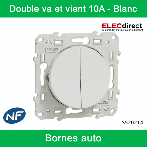 Schneider - Interrupteur double va et vient Odace - Blanc - 10A - 250V - Bornes auto - Réf : S520214