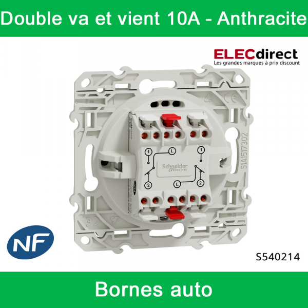 Schneider - Interrupteur double va et vient Odace - Anthracite - 10A - 250V - Bornes auto - Réf : S540214