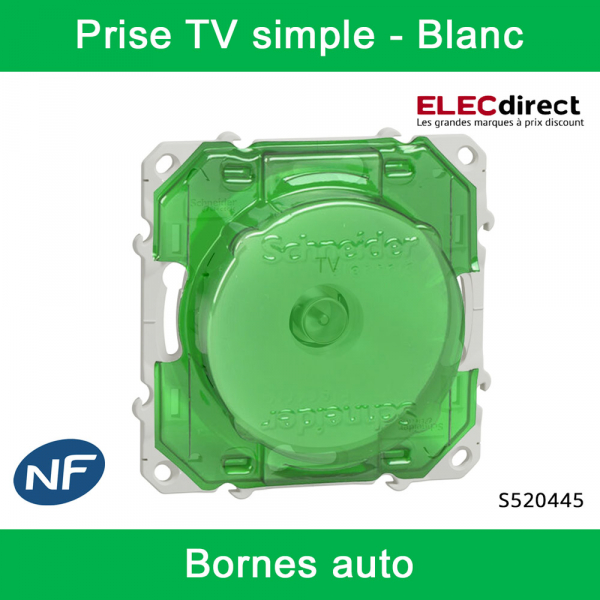 Schneider - Prise simple TV Odace - Blanc - Antenne - Bornes auto - Réf : S520445