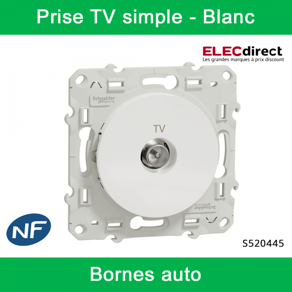 Schneider - Prise simple TV Odace - Blanc - Antenne - Bornes auto - Réf : S520445