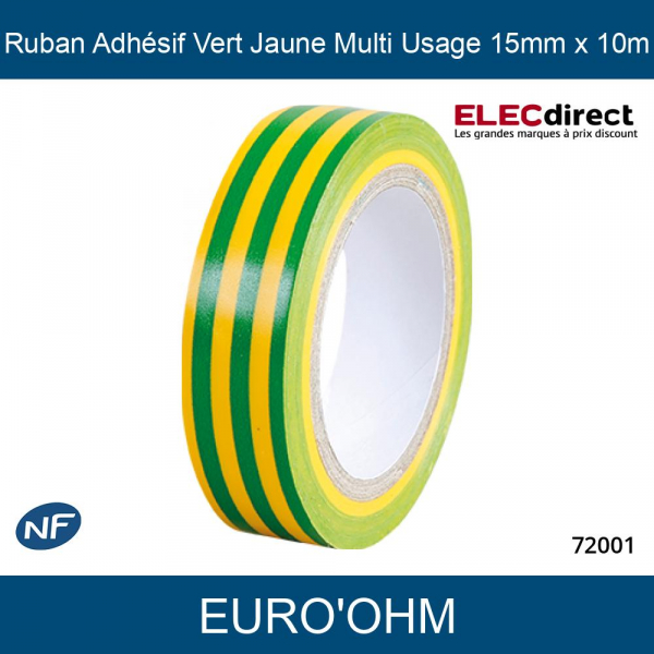 Euro'Ohm - Ruban Adhésif Vert/Jaune Multi Usage 15mm x 10m - Réf : 72001 -  ELECdirect Vente Matériel Électrique