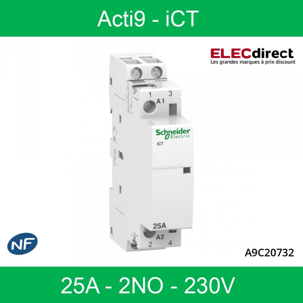 Schneider - Acti9 - Contacteur iCT - 25A - 2NO - 230/240V - 50 Hz - Réf : A9C20732