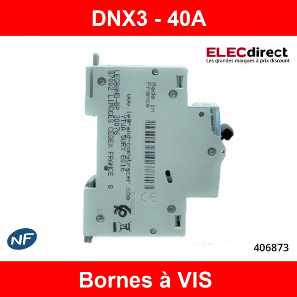 Legrand - Disjoncteur DNX³ 4500 - vis/vis - U+N 230V~ 40A - 6kA - courbe C  - 1 module - 406873 - ELECdirect Vente Matériel Électrique