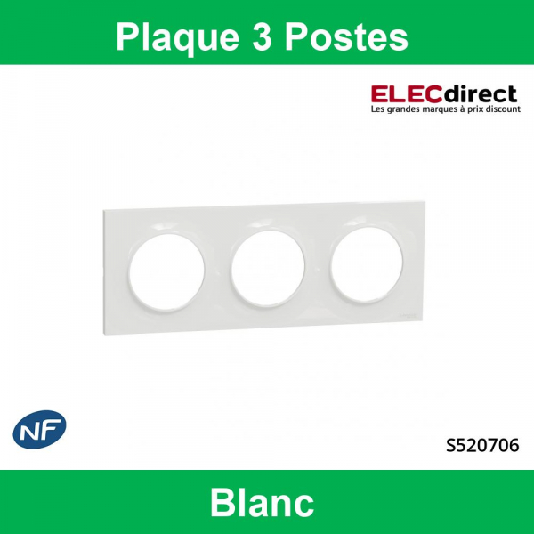 Schneider Odace - Plaque de finition 3 postes - Entraxe 71 mm - Hor/vert - Réf.: S520706