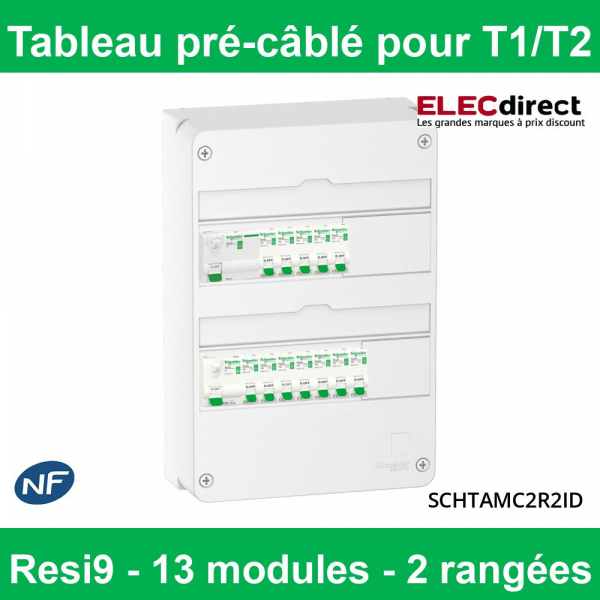 Tableau électrique équipé précâblé T1-T2 2 rangées Resi9 XP