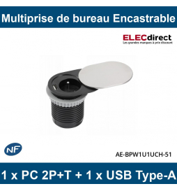 GTV Lighting - Multiprise encastrable SLIDE - 1 x PC 2P+T + 1 x USB Type-A - Ø60mm - Aluminium - Réf.: AE-BPW1S1UCH-51