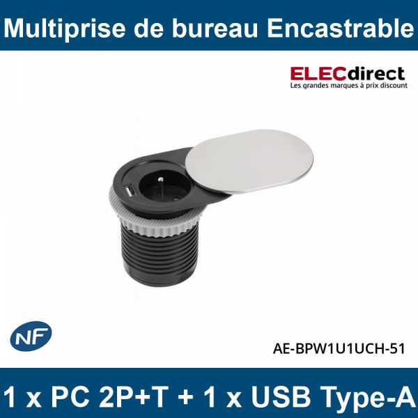 GTV Lighting - Multiprise encastrable SLIDE - 1 x PC 2P+T + 1 x USB Type-A - Ø60mm - Aluminium - Réf.: AE-BPW1S1UCH-51