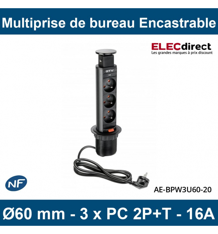 GTV Lighting - Multiprise encastrable CHARGER Ø100 - 1 x PC 2P+T + 2 x USB  Type-A - Réf : AE-BPW1U2UCH-80 - ELECdirect Vente Matériel Électrique