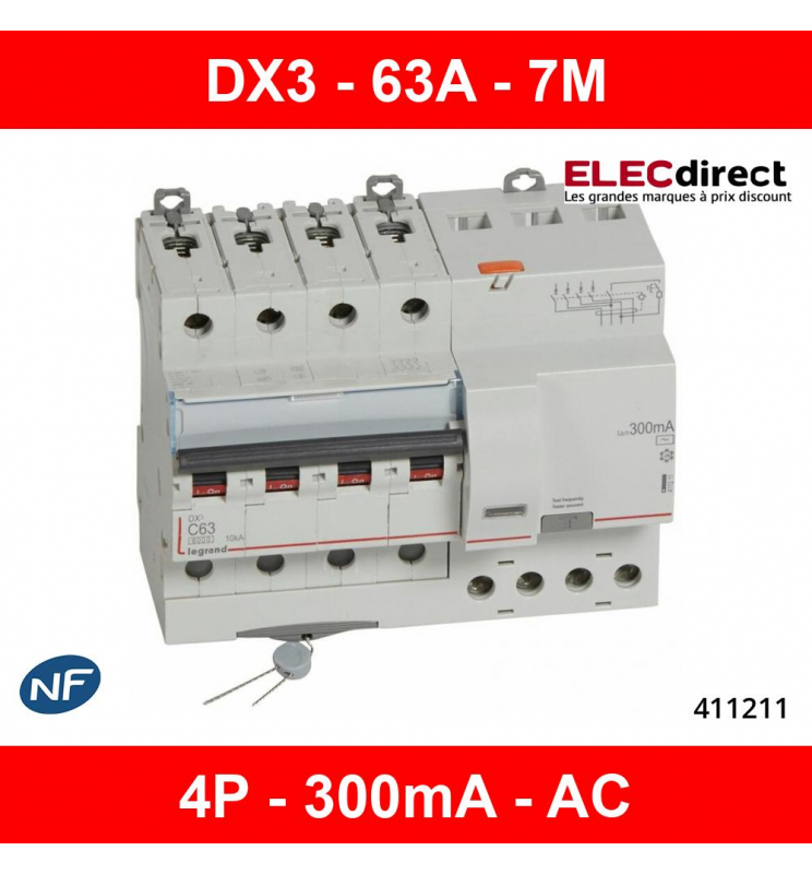 Disjoncteur différentiel DX³ 6000 - 4P - 400V~ - 63A - Type AC - 30