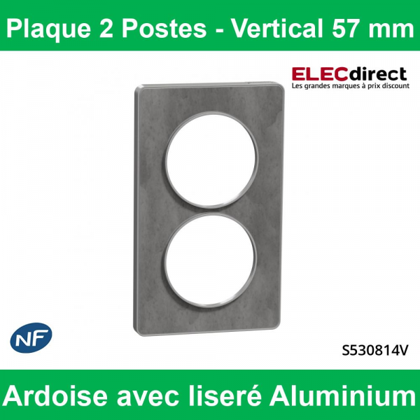 Schneider - Plaque 2 postes verticaux Aluminium Odace Touch - Entraxe 57 mm - Finition Ardoise avec liseré alu - Réf : S530814V