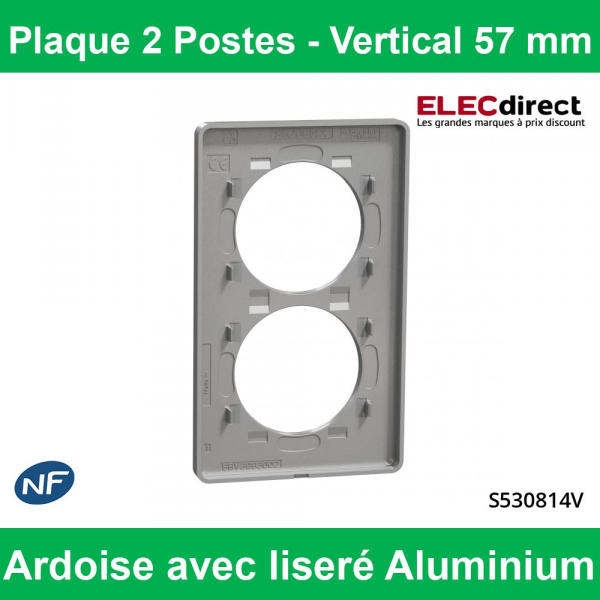 Schneider - Plaque 2 postes verticaux Aluminium Odace Touch - Entraxe 57 mm - Finition Ardoise avec liseré alu - Réf : S530814V