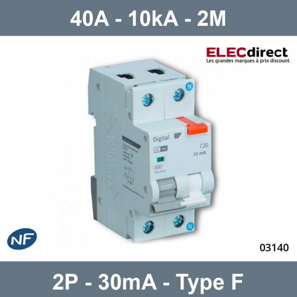 Digital Electric - Disjoncteur Différentiel 2P - 40A - 30mA Type F - 10kA -  Réf : 03140 - ELECdirect Vente Matériel Électrique