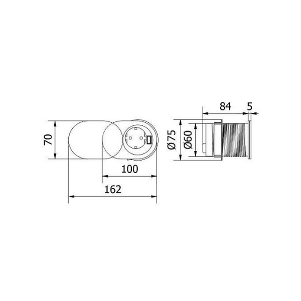 GTV Lighting - Multiprise encastrable SLIDE - 1 x PC 2P+T + 1 x USB Type-A - Ø60mm - Aluminium - Réf.: AE-BPW1S1UCH-51