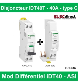 Schneider - Acti9 iDT40 - Disjoncteur 40A type C + Bloc Vigi 40A 30mA type ASI - Réf : A9P22640 + A9Y64640
