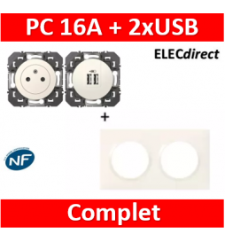 Legrand Dooxie - Prise de courant 2P+T 16A + double USB + plaque - Blanc - 600335+600343+600802