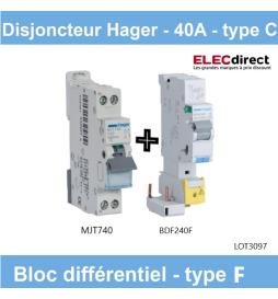 Hager - Disjoncteur 40A type C avec Bloc différentiel 40A type F - Réf : BDF240F + MJT740