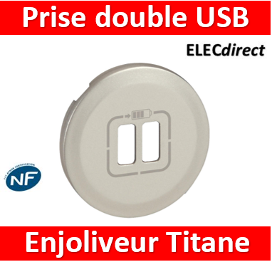 Prise 2P+T 16A 230V + double USB-A enjoliveur titane Céliane LEGRAND