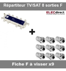 Répartiteur TV/SAT 8 sorties F et 9 fiches TV à visser