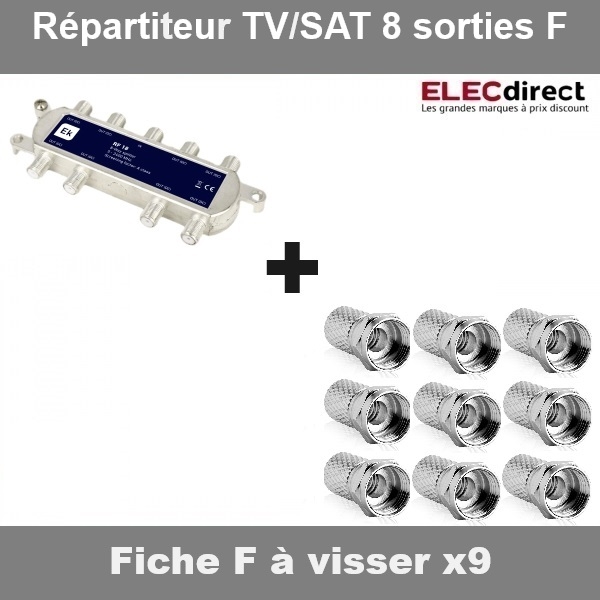 Répartiteur TV/SAT 8 sorties F et 9 fiches TV à visser