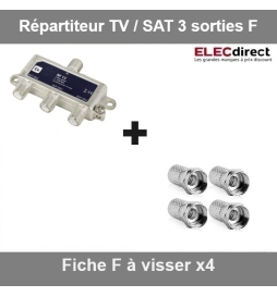 Répartiteur TV/SAT 3 sorties F et 4 fiches TV à visser