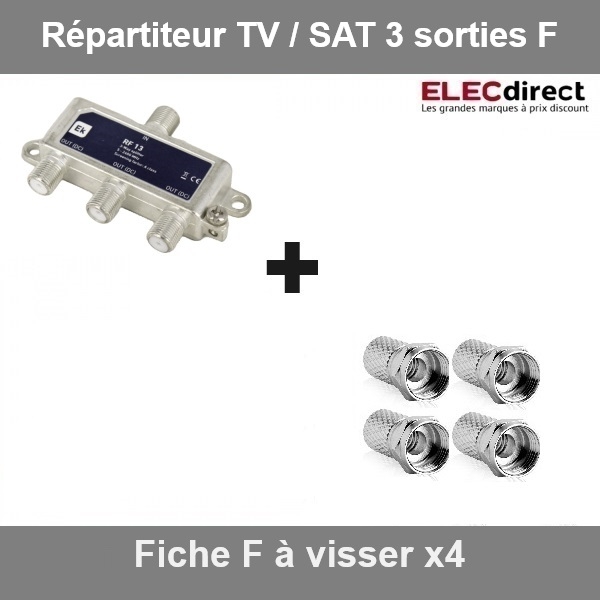 Répartiteur TV/SAT 3 sorties F et 4 fiches TV à visser