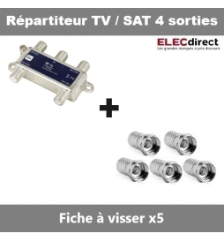 Répartiteur TV/SAT 4 sorties F et 5 fiches TV à visser