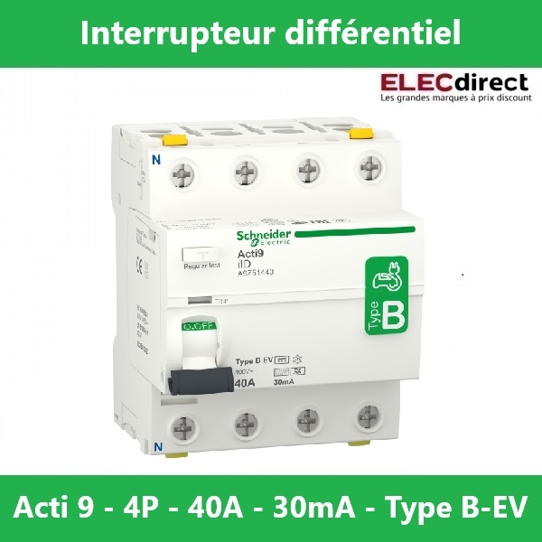 Schneider - Interrupteur différentiel Acti9 iID - Pour chargeur voiture - 4P - 40A  - 30ma - Type B-EV - Réf.: A9Z51440