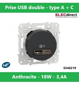 Schneider - Odace - prise USB double - charge rapide - type A+C - Anthracite - 18W - 3,4A - Réf.: S540219