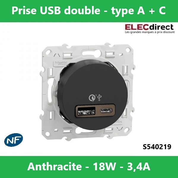 Schneider - Odace - prise USB double - charge rapide - type A+C - Anthracite - 18W - 3,4A - Réf.: S540219