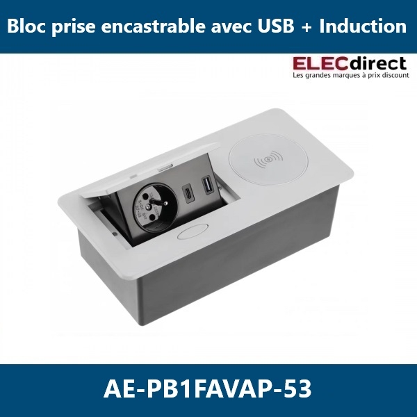 GTV Lighting - Bloc prise à encastrer AVARO - chargeur induction - 1 prise - 2 USB - Aluminium - Réf.: AE-PB1FAVAP-53