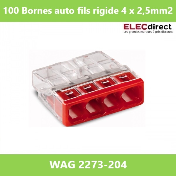 WAGO - Boîte de 100 Bornes auto fils rigide 4 x 2,5mm2 - Réf.: WAG 2273-204