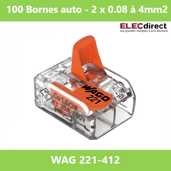 WAGO - Boîte de 100 Bornes auto fils Souple / Rigide 2 x (0.08 à 4mm2) - Réf.: WAG 221-412