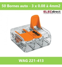 WAGO - Boîte de 50 Bornes auto fils Souple / Rigide 3 x (0.08 à 4mm2) - Réf.: WAG 221-413