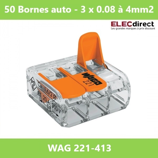 WAGO - Boîte de 50 Bornes auto fils Souple / Rigide 3 x (0.08 à 4mm2) - Réf.: WAG 221-413