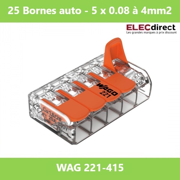 WAGO - Boîte de 25 Bornes auto fils Souple / Rigide 5 x (0.08 à 4mm2) - Réf.: WAG 221-415