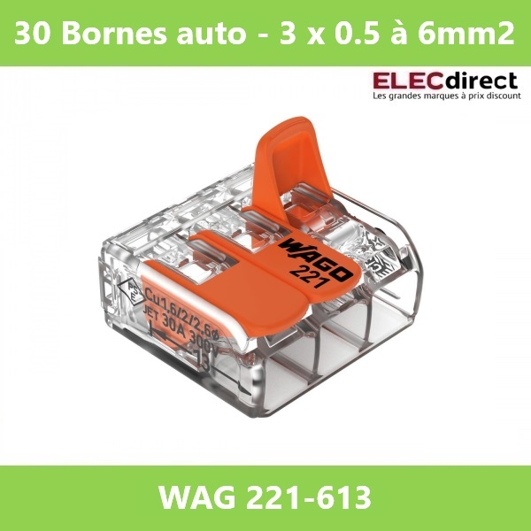 WAGO - Boîte de 30 Bornes auto fils Souple / Rigide 3 x (0.5 à 6mm2) - Réf.: WAG 221-613