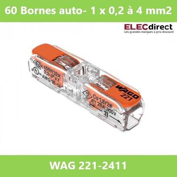 Wago - Boîte de 60 Bornes auto fils souples/rigides x 1 (0,2 à 4 mm2) - Réf.: 221-2411