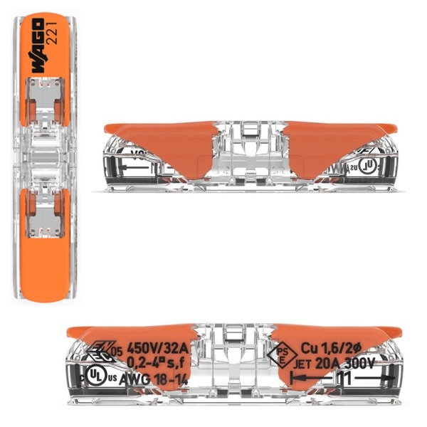 Wago - Boîte de 60 Bornes auto fils souples/rigides x 1 (0,2 à 4 mm2) - Réf.: 221-2411