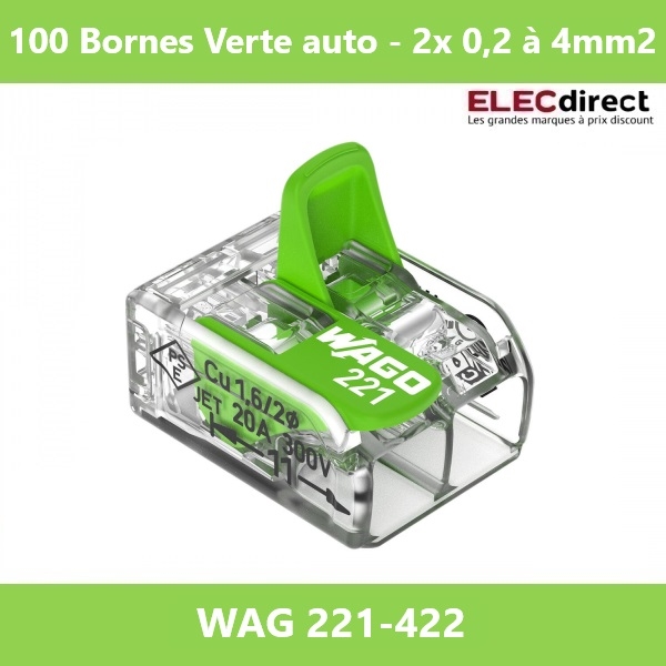 WAGO - Boîte de 100 Bornes Verte auto fils souple et rigide 0,2 à 4mm2 - Réf.: WAG 221-422