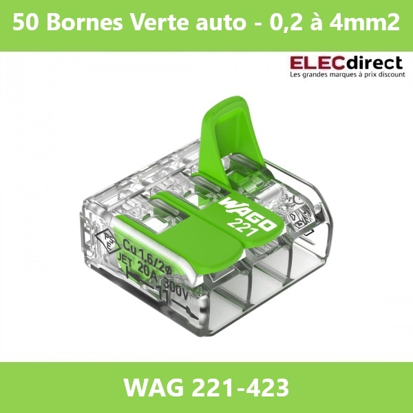 WAGO - Boîte de 50 Bornes Verte auto fils souple et rigide 0,2 à 4mm2 - Réf.: WAG 221-423