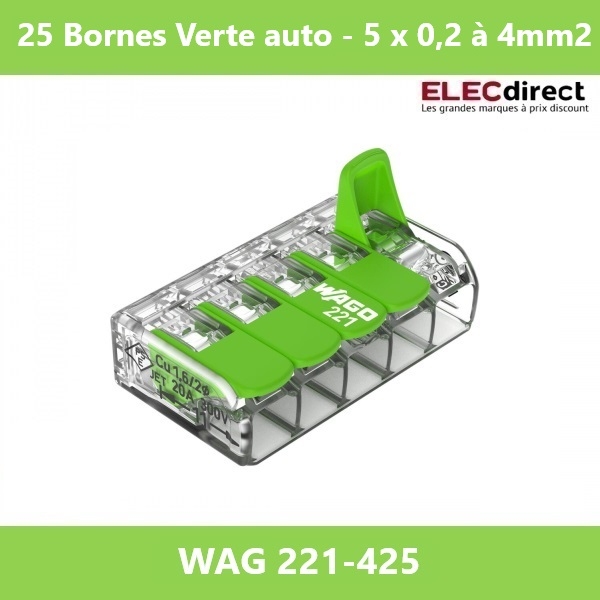 WAGO - Boîte de 25 Bornes Verte auto fils souple et rigide 0,2 à 4mm2 - Réf.: WAG 221-425