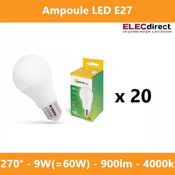 Spectrum - LOT de 20 Ampoules LED E-27 - Angle 270° - 4000K - 900lm - Réf.: WOJ+14611